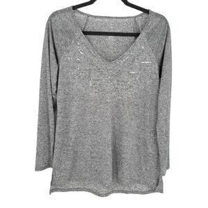Juicy Couture Gray Long Sleeve V-Neck Tee S Silver Sequins Casual Stretch Linen